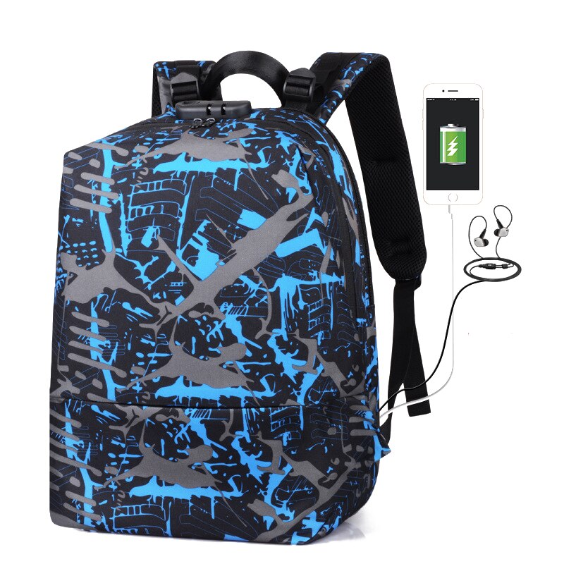 Men‘s Backpack Anti-theft USB Charging Laptop Backpack Tennis Backpack Racket Bag School Backpack Backpack Bag: Graffiti-blue