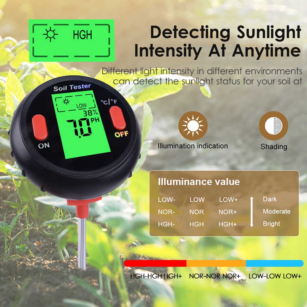 5-in-1 Moisture Meter Digital Soil pH Meter PH Levels Temperature Sunlight Intensity Humidity Tester Large Backlit LCD Display