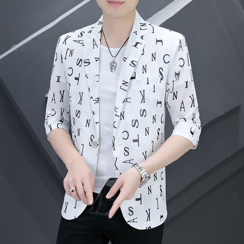 2022 Summer Letter Printed Men Blazers 3/4 Sleeve Casual Suit Jacket Wedding Business Social Dress Coat Casual Slim Blazer