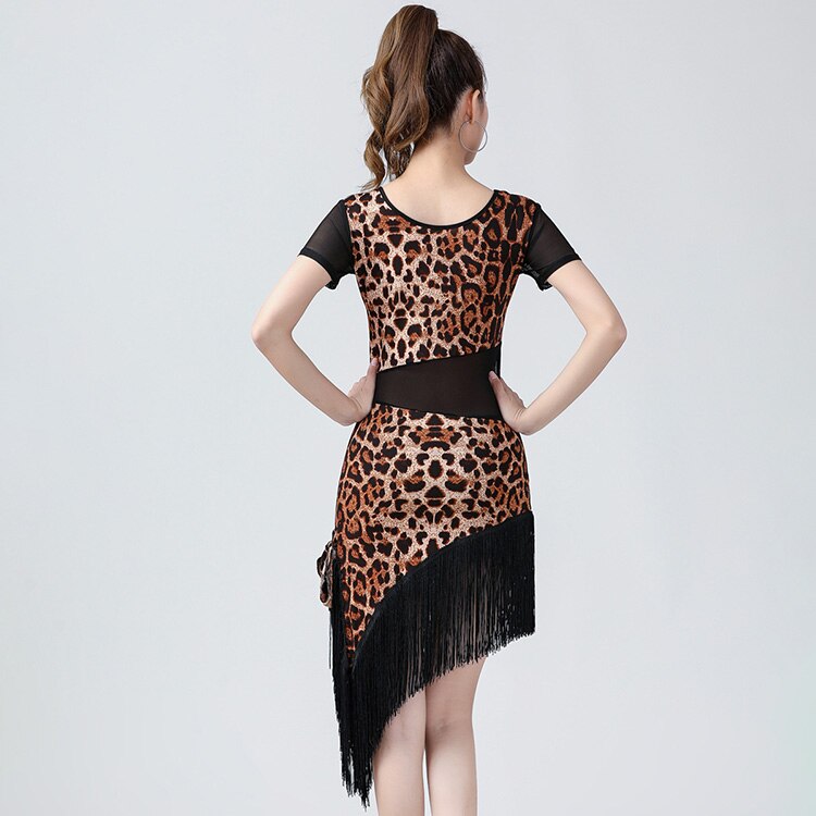 Vestido de baile latino con estampado de leopardo, novedad, traje de baile femenino a la , conjunto de vestido para Salsa y Samba, manga corta, borlas, vestidos de baile latino para mujer