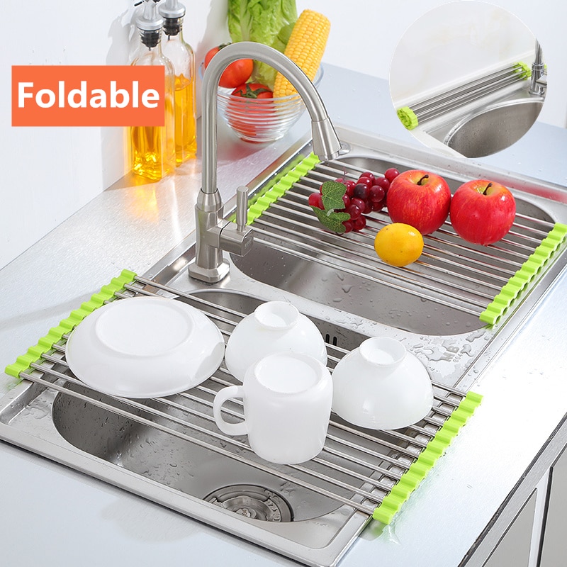 Foldable Dish Drying Rack Multi-Use Kitchen Silicone Drainer Over Sink Fruit Vegetable Meat Organizer Tray Drainer