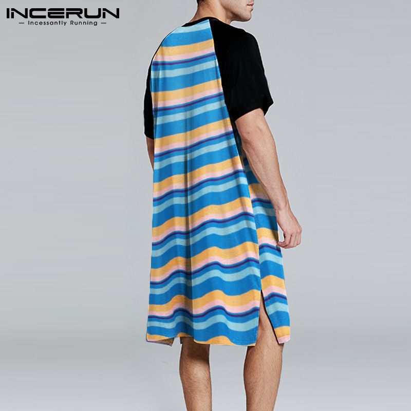 Men Robes Homewear Striped Patchwork O Neck Short Sleeve Bathrobe Nightgown Loose Cozy Leisure Men Loungewear S-5XL INCERUN