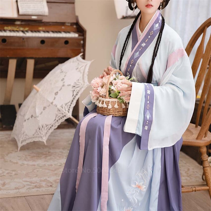 Chinese Ancient Traditional Hanfu Women Bandage Embroidery Print Fairy Dress Autumn Long Sleeve Performance Costume