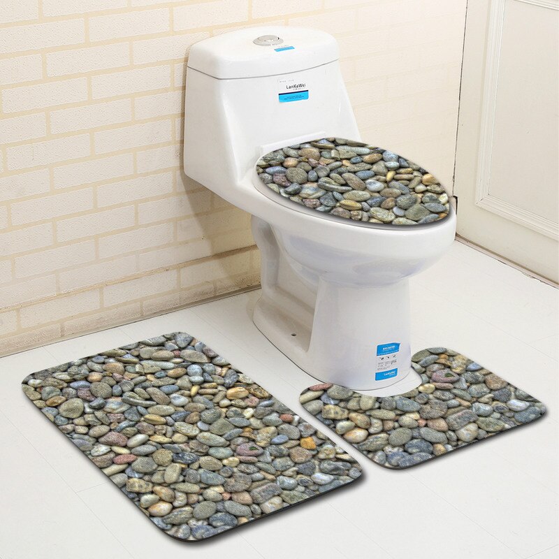 3 Piece Set Stone Printing Bath Mat Set Anti Slip Carpet Doormat Bathroom Cover Toilet Seat Mat Bath Rug Accessories for Toilet
