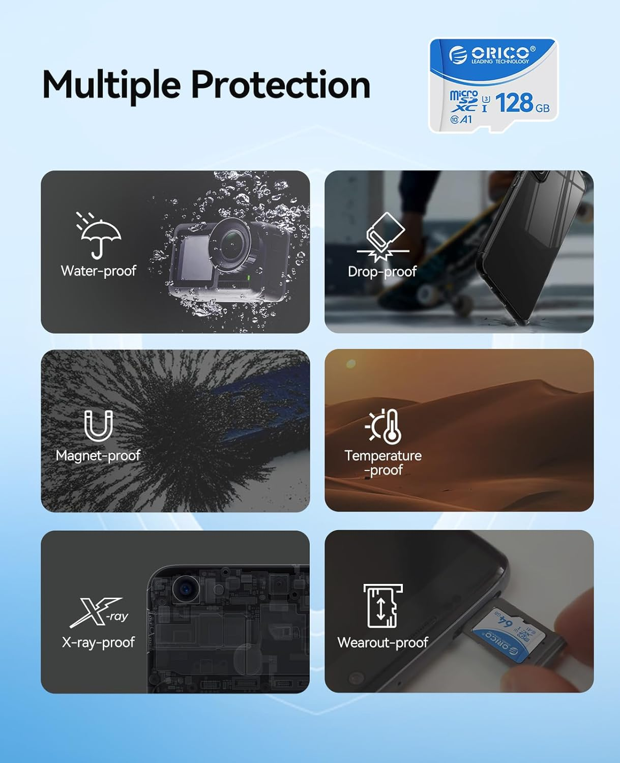 ORICO T3 128GB microSDXC UHS-I Memory Card, 70MB/s Read, 60MB/s, 4K UHD Recoding, U3, Class10, V30, A1, Micro SD for Camera