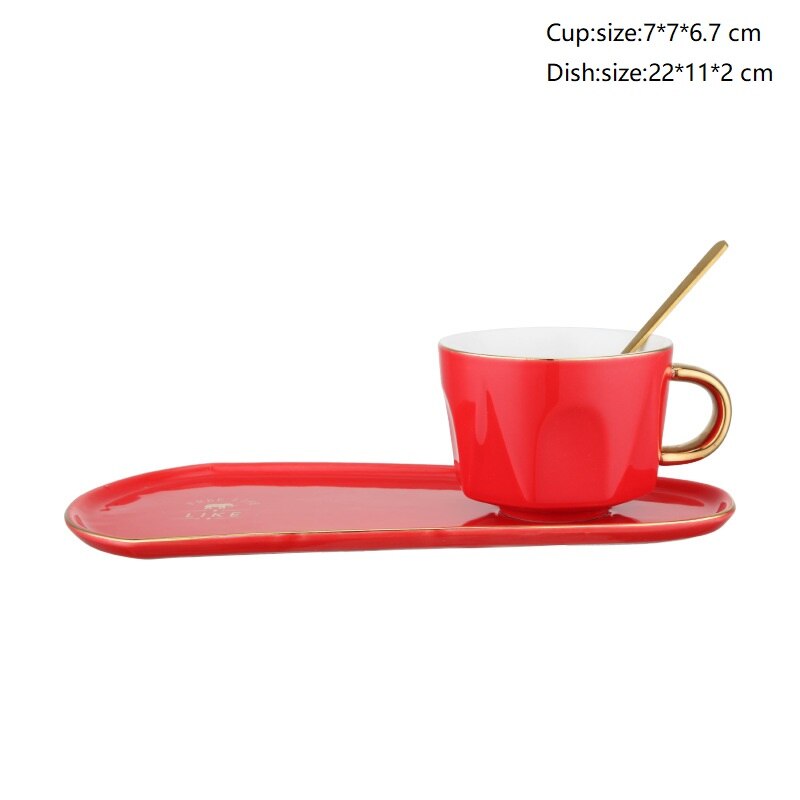 Keramiske elg kop underkop sæt med ske kaffe omrøring kop farve glasur mælk morgenmad krus kiks dessert bakke køkken drikkevarer: B-rød