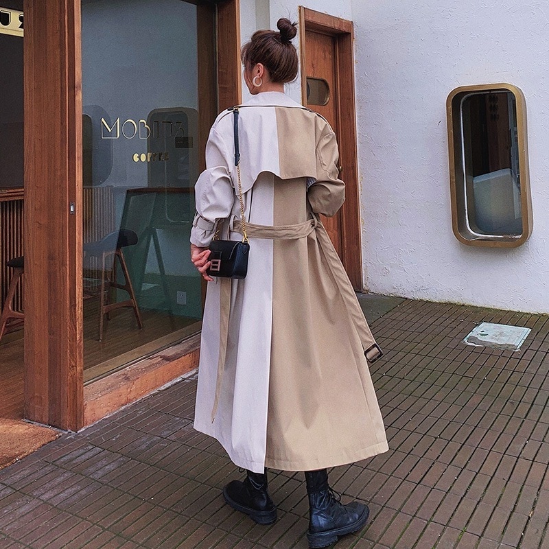 Forår efterår kvinder vindjakke patchwork over knæet dobbeltradet løs smart enkel klassisk lang trenchcoat kvinde: M