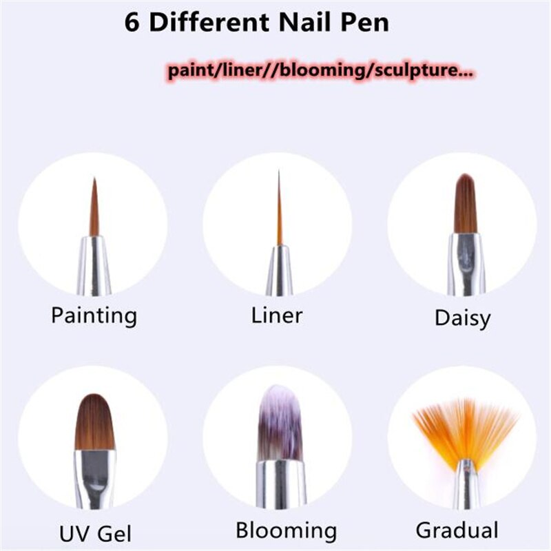 6pc 4 kleuren manicure kwast nagel pen set voor schilderen/liner/bloeiende... nageldecoraties kit gellakken gereedschap  vi45-121