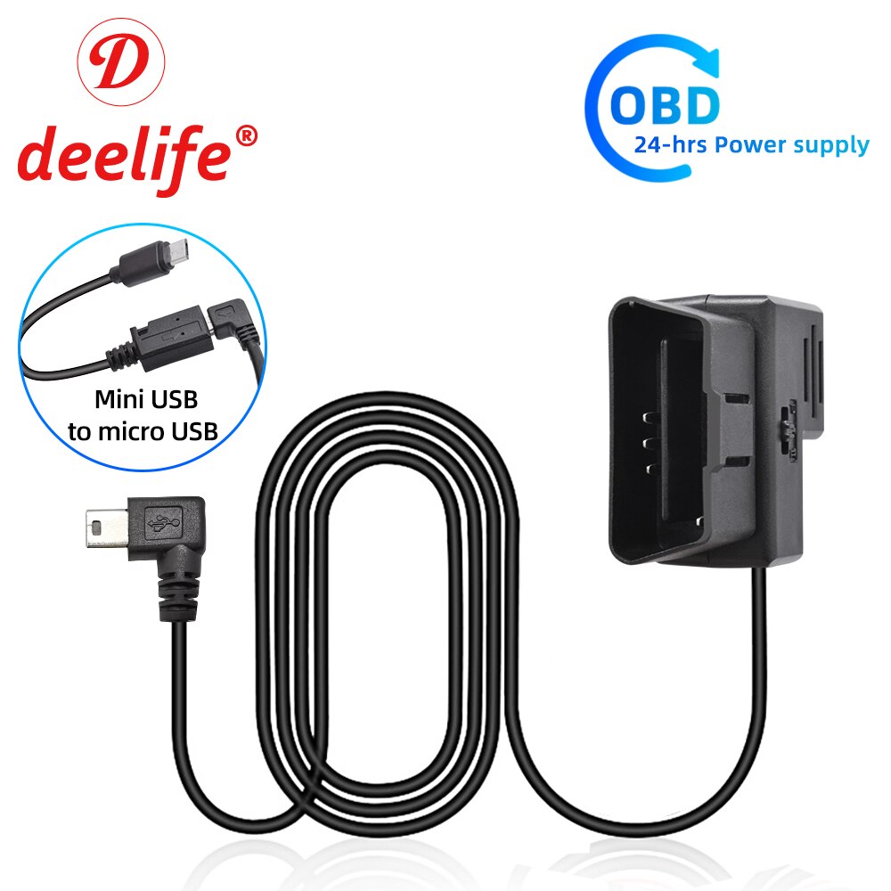 Deelife OBD2 Hardwire Kit for Car DVR Mirror Camera Dash Cam Parking Guard Cable 12V 24V to 5V Mini Micro USB Hard Wire