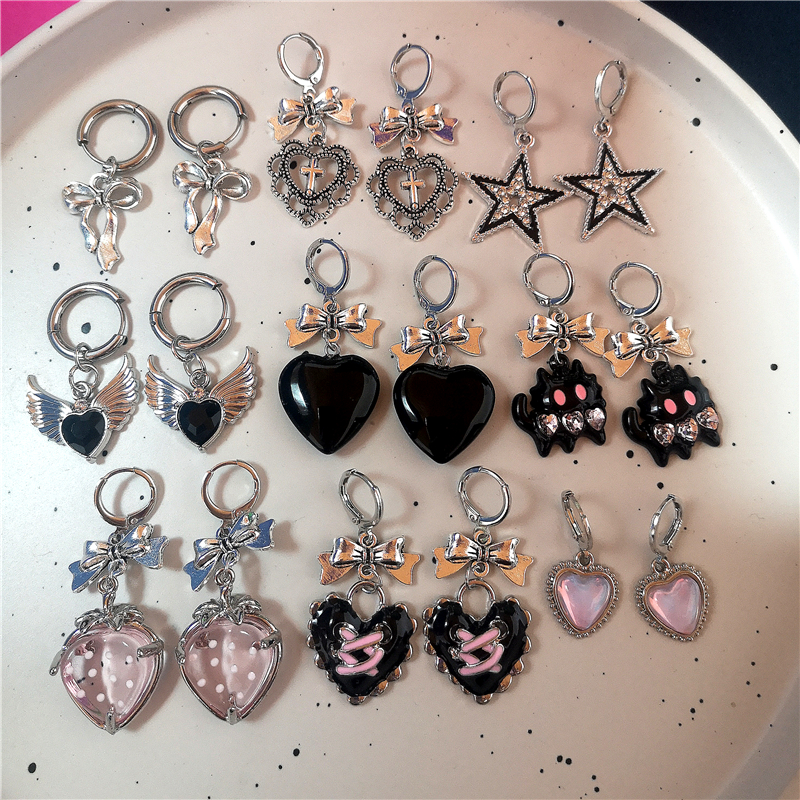 Gothic Jahrgang süße Schleife rosa Erdbeere Herz Stern Anhänger Ohrringe Egirl gotisch 2000er Jahre Y2K EMO Rave Schmuck Szene Zubehör