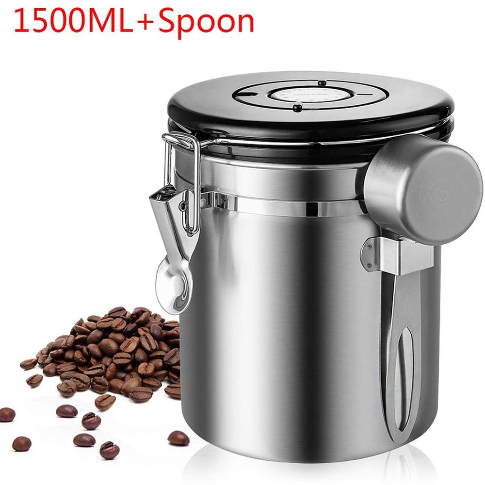 Stainless Steel Coffee Container Kitchen Storage Airtight Canister for Coffee Beans Sealed Tank with Spoon