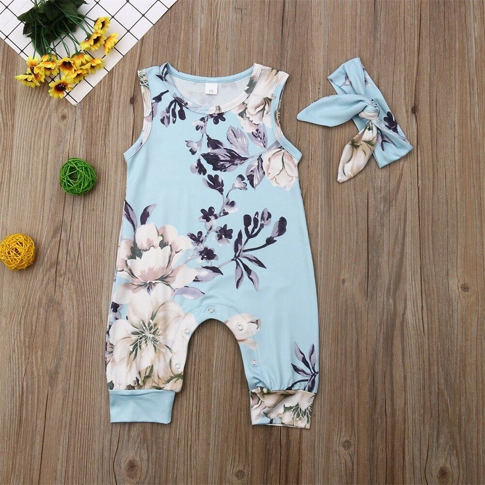 Baby Baby Meisje Jongens Zomer Bloemen Romper Hoofdband 2 Stuks Mouwloze Jumpsuit Outfits Kleding Set