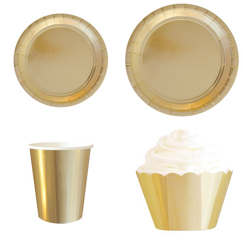 Gold Silber Folie Neue Jahr Party Supplies Einweg Papier Platte Tassen Strohhalme Tasse Kuchen Wrapper Cupcake Stehen Dessert Karton