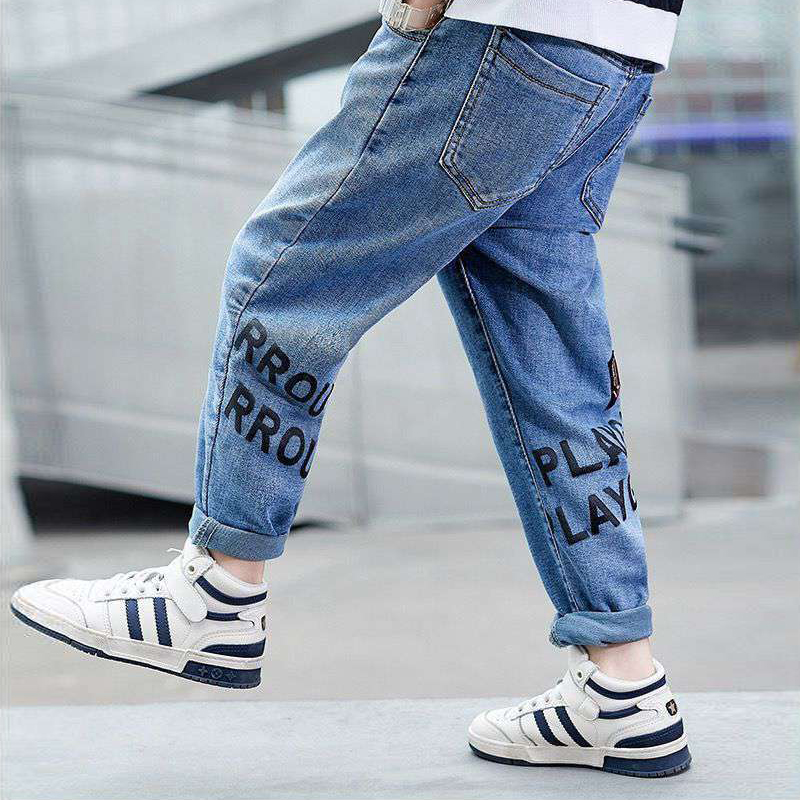 IENENS Boy's Letter Jeans Child Cowboy Trousers Spring Autumn Slim Denim Pants Kids Stretch Jeans 4-11 Years Bottoms Clothes: Style 1-Light blue / 9T