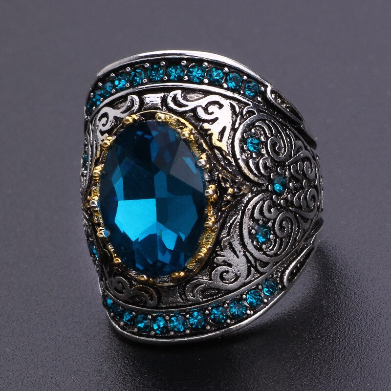 Milangir Big Blue Stone Ring for Men Punk Jewelry Carved Pattern Knuckle Rings Men Championship Rings