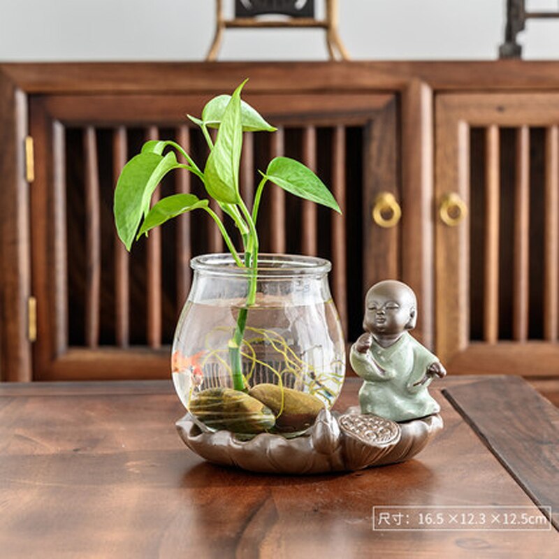 Maceta de cerámica hidropónica para decoración del hogar, florero pequeño de cerámica con maceta de cristal, adornos para té Geyao, para mascotas,: C