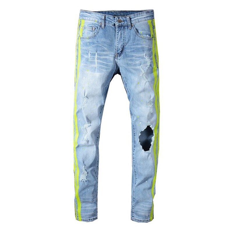 Mænds mandlige casual mand neon gule farve linjer patchwork flækkede jeans huller ødelagt denim stretch bukser bukser