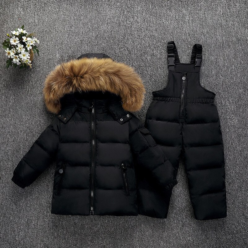 Conjunto de chaqueta de invierno para bebés niños niñas 2 uds. Pantalones de abrigo para bebés con capucha de piel grueso para esquiar la nieve ropa de abrigo: Black / 9 meses