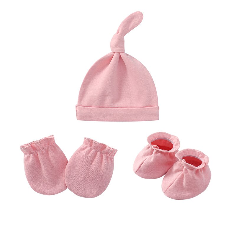 3pcs Set Baby Hats Newborn Gloves Baby Feet Cover Pure Cotton Pure Color Pure Cotton Set: Colore rosa