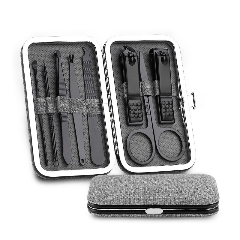8Pcs Manicure Set Rvs Nagels Set Zwart Nagelknipper Pedicure Scissor Tweezer Nail Kits Draagbare Nagelknipper Set