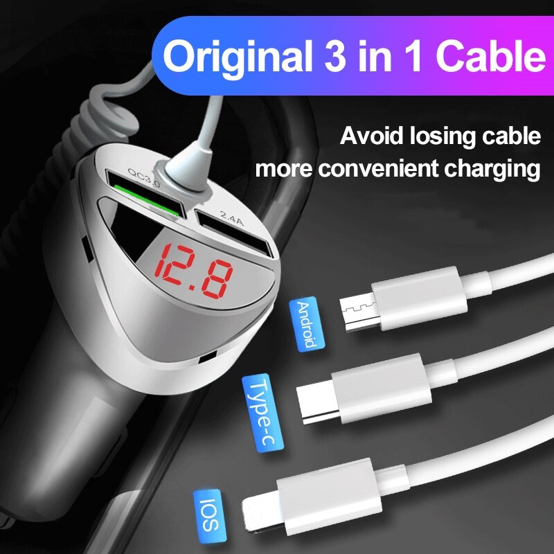 QC 3.0 Quick Car Charger With 3 in 1 USB Cable For iphone 11 7 Samsung Xiaomi Huawei Micro USB Type C Fast Phone Charge Charger