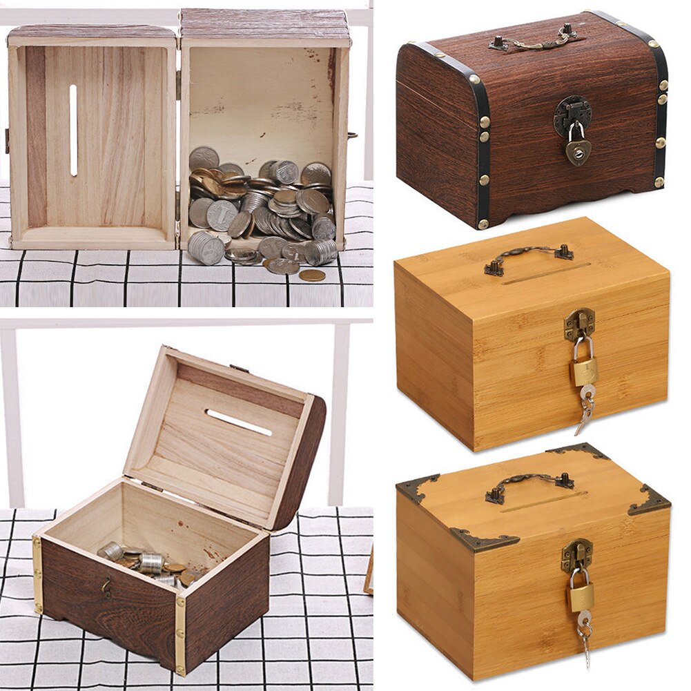 Houten Schatkist Vintage Houten Schat Opbergdoos Case -Proof Spaarpot Met Slot