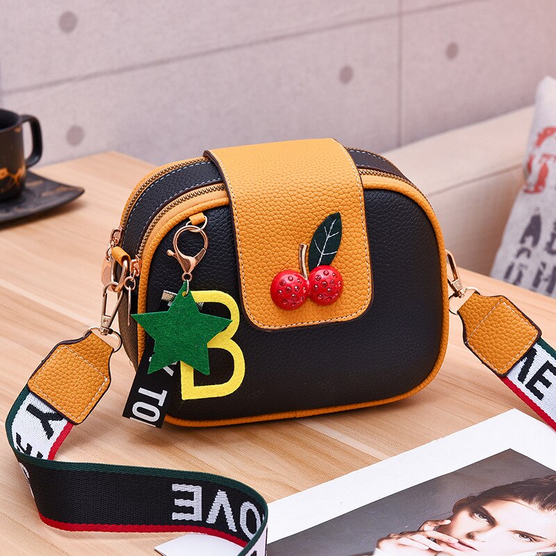Dames pu leren tas brede band brief handtassen vintage schoudertas messenger bags dames crossbody tote: Zwart geel