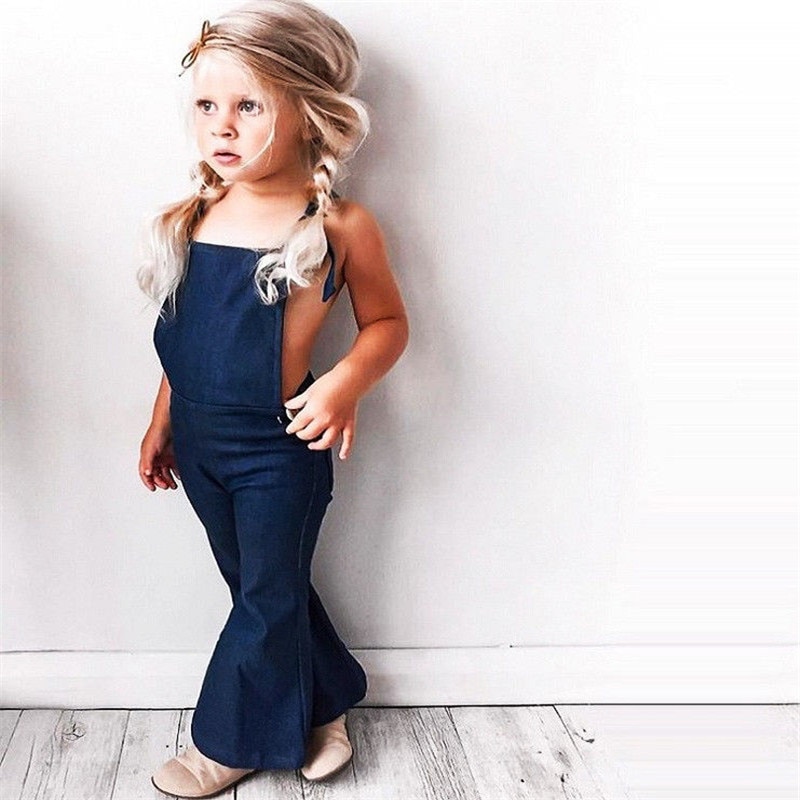 Mono vaquero sin mangas con tirantes y espalda descubierta para niña pequeña, pantalones con fondo de campana, ropa de verano,