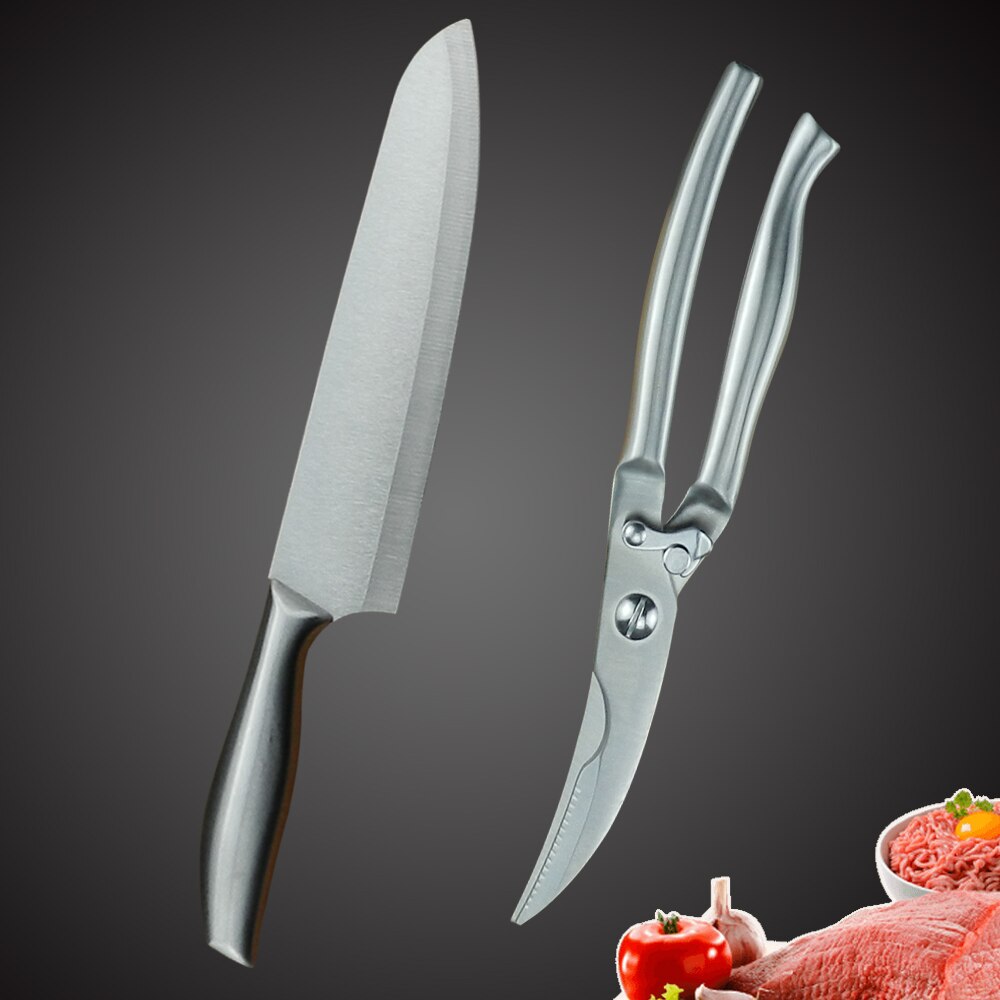 Stainless Steel Kitchen Knife Set 1-4PCS Chopping Cleaver Chef Knives Chicken Bone Scissor Cooking Tool Cutting Slicing Meat: 2PCS SET-J