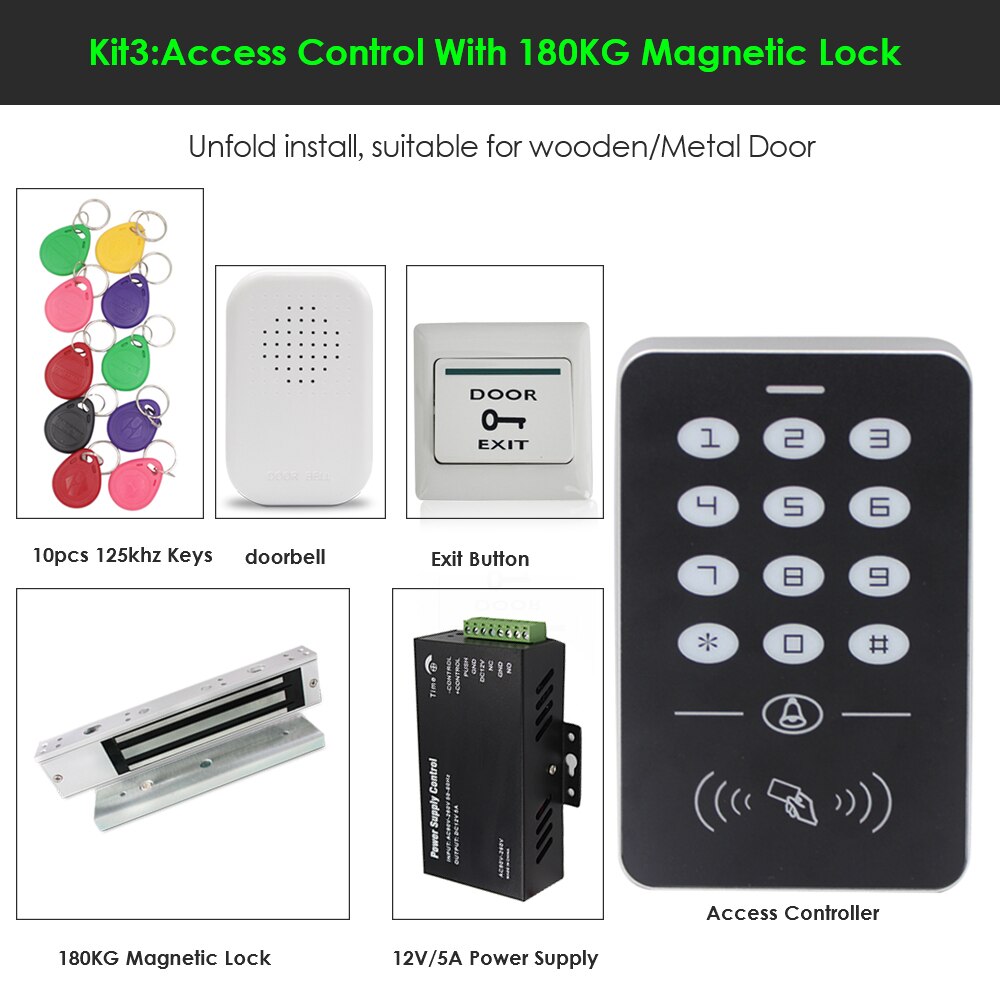 RFID keyboard keys Smart Door Access Control System With 180KG door lock electronic Power Supply Door Access Control System Kit: Kit 3