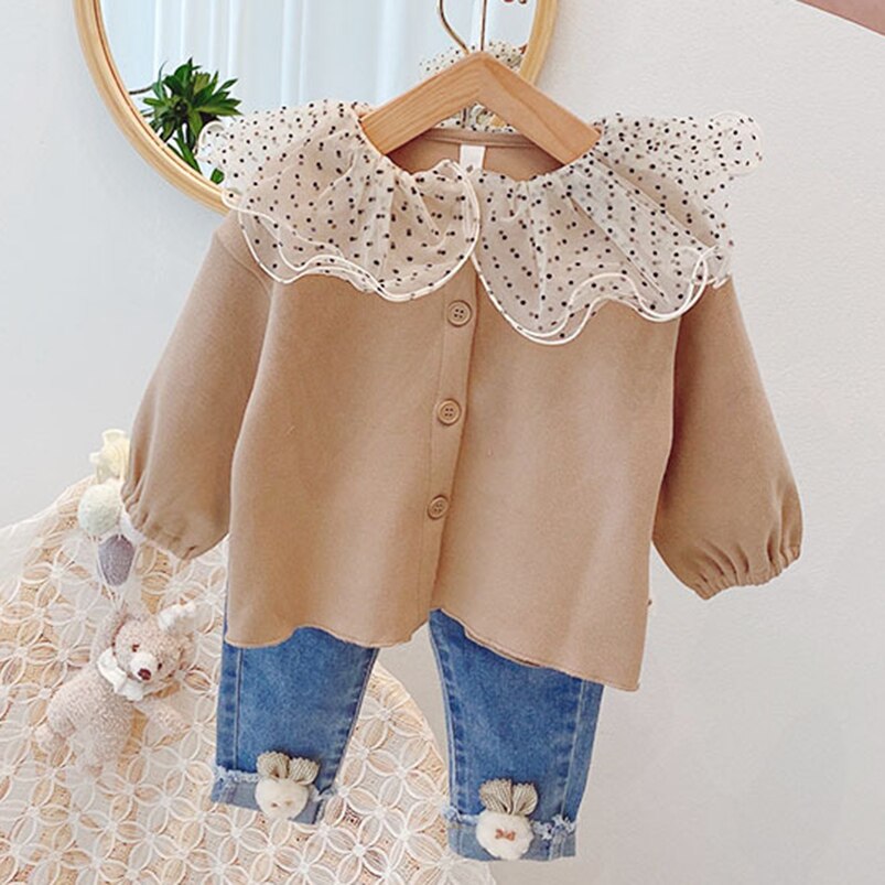 Dubbele Lagen Polka Dot Mesh Kraag Meisjes Jassen Lente Herfst Katoen Lange Mouwen Kinderen Jas Voor Peuter Meisjes Kleding Tops kind