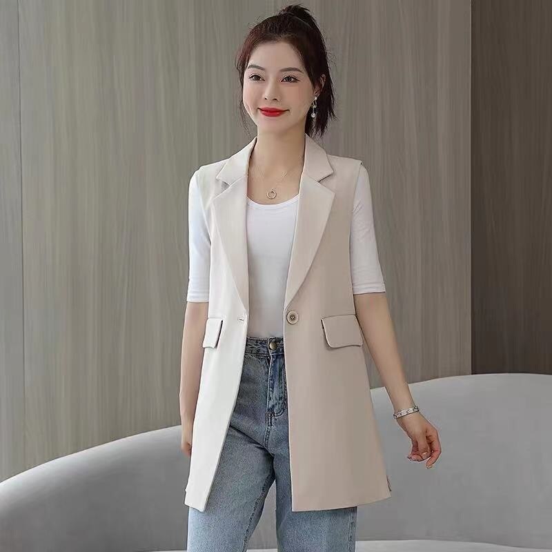 #0710 Black Beige Sleeveless Blazer Women Outerwear Vest Coat Single Button Slim Women's Vest Waistcoat Long Spring Summer: Beige / XXXL