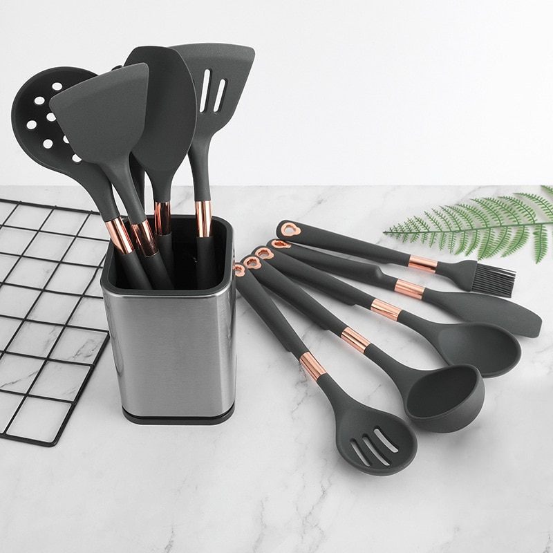 Silicone Kitchenware Set Cooking Tools Rose Gold-plated Simple Hanging Hole Easy To Store Kitchen Utensils Accessories Non-Stick