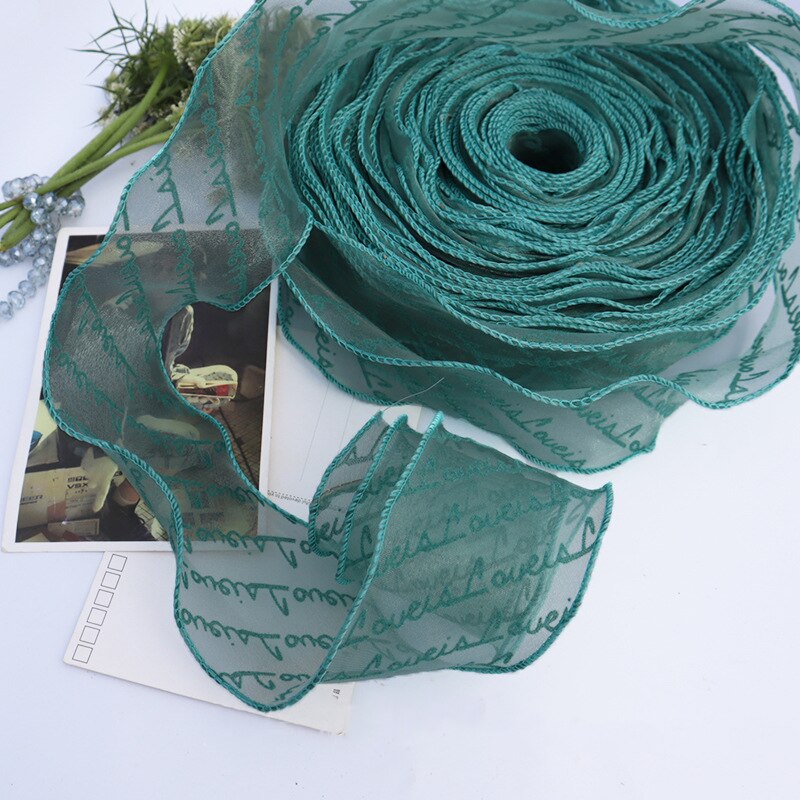 Cinta de Organza con estampado de letras flocadas, borde ondulado para envolver artesanales, decoración del hogar y , 55mm, 5 yardas/lote: Green
