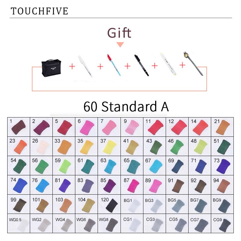 TouchFIVE 60/80/168 Farben Marker Set Manga Zeichnung Marker Pen Alkohol Basierend Skizze Filz-Spitze Fettige Twin Pinsel Stift Kunst liefert: 60 STANDARD