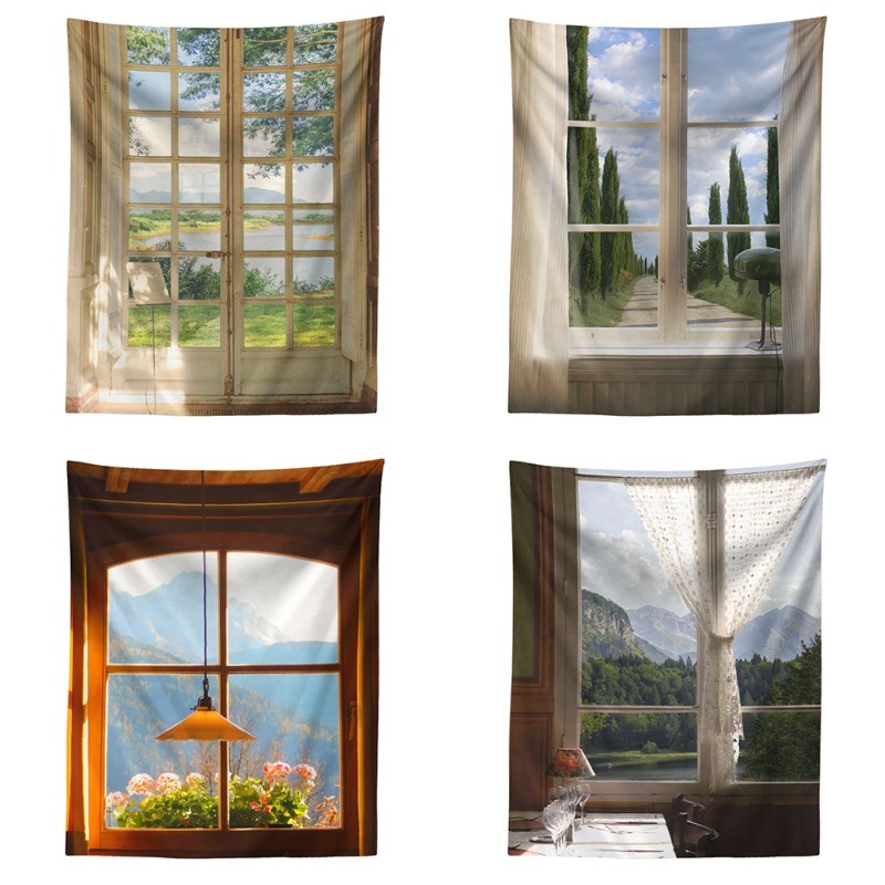 Tapiz de paisaje de ventana para colgar en la pared, decoración Vintage para habitación de niña, arte bohemio, estética, dormitorio, Sábana de colchón de Yoga
