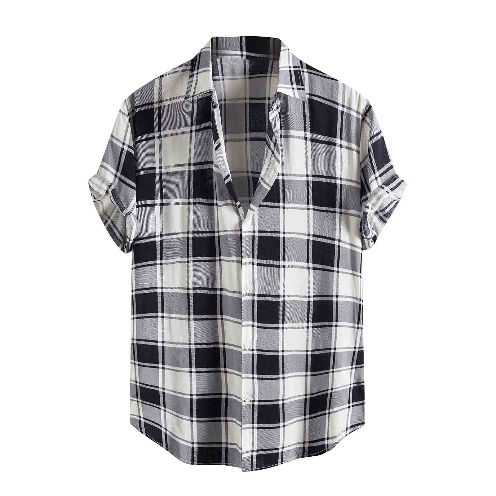 Men Loose Shirt Plaid Short Sleeve Turn Down Collar Casual Tops Streetwear Men Hawaiian Beach Shirts Masculina