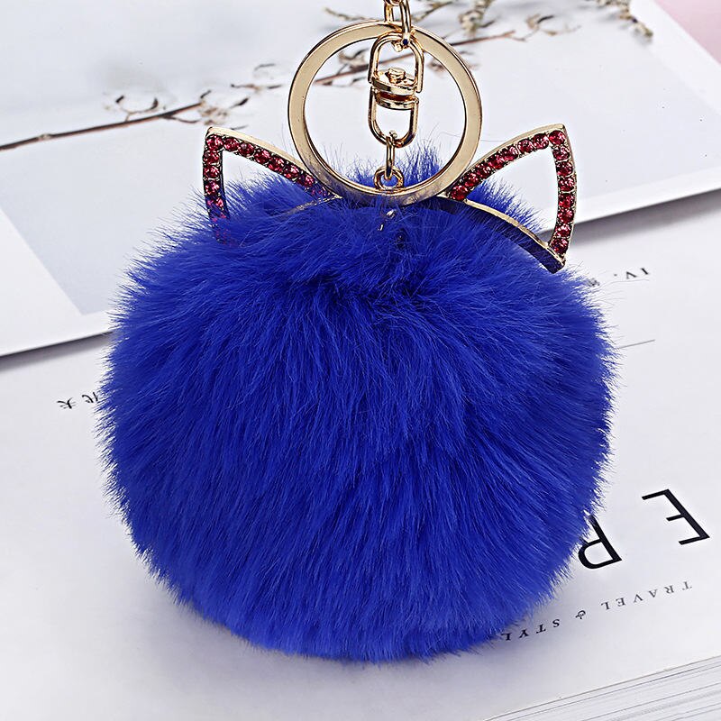 Bolso con colgante de conejo para chica con orejas de gato rosa, accesorios de pompón de bolas de pelo de conejo de imitación, colgante para bolso de mano para mujer: blue