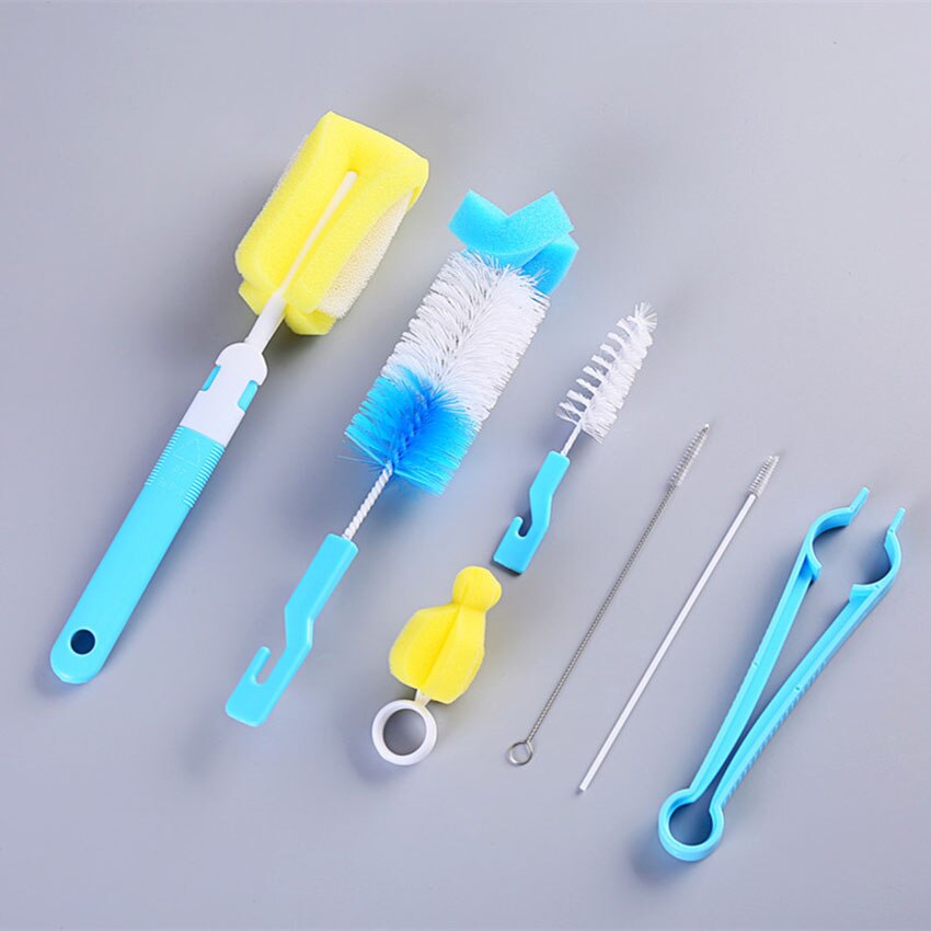 7Pcs Set di detergenti per pennelli per biberon capezzolo per bambini rotante a 360 gradi pulito spugna beccuccio tazza pennello Kit bottiglia strumento pulito: Blue