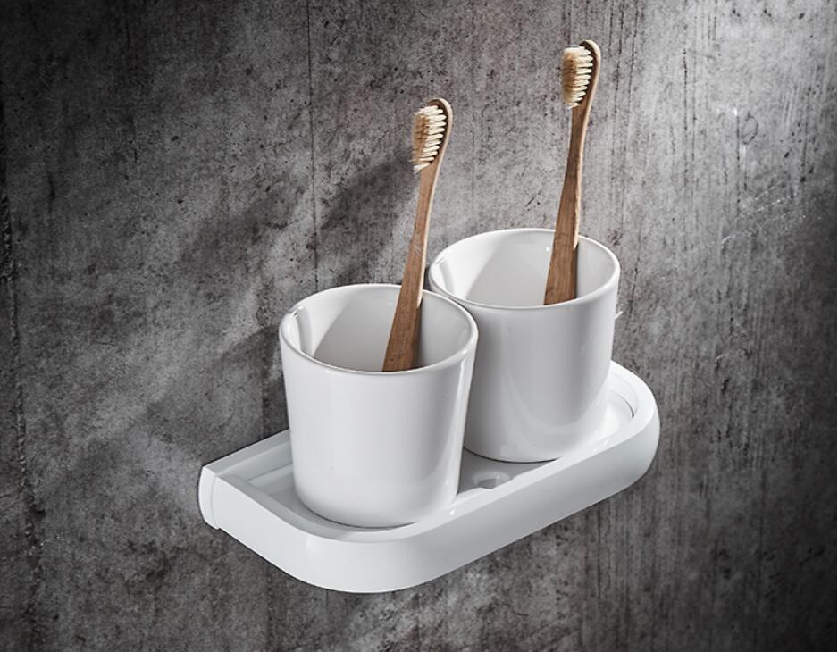 Badkamer Accessoires Set, Witte Vierkante Papier Houder, Handdoek Bar, Zeep Mand, Handdoekenrek, hoekplank, Haak, Badkamer Hardware Set: Tooth Brush Holders
