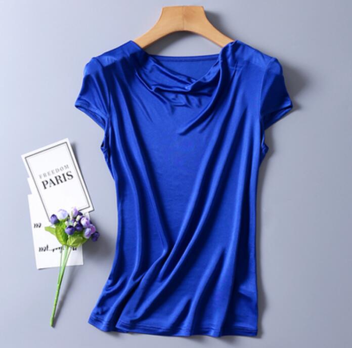 Dame #39 silke 50%  viskosestrik t-shirts s 50%  draperet halsudskæring top 8 farver m -2xl sj305: Xl / Kongeblå