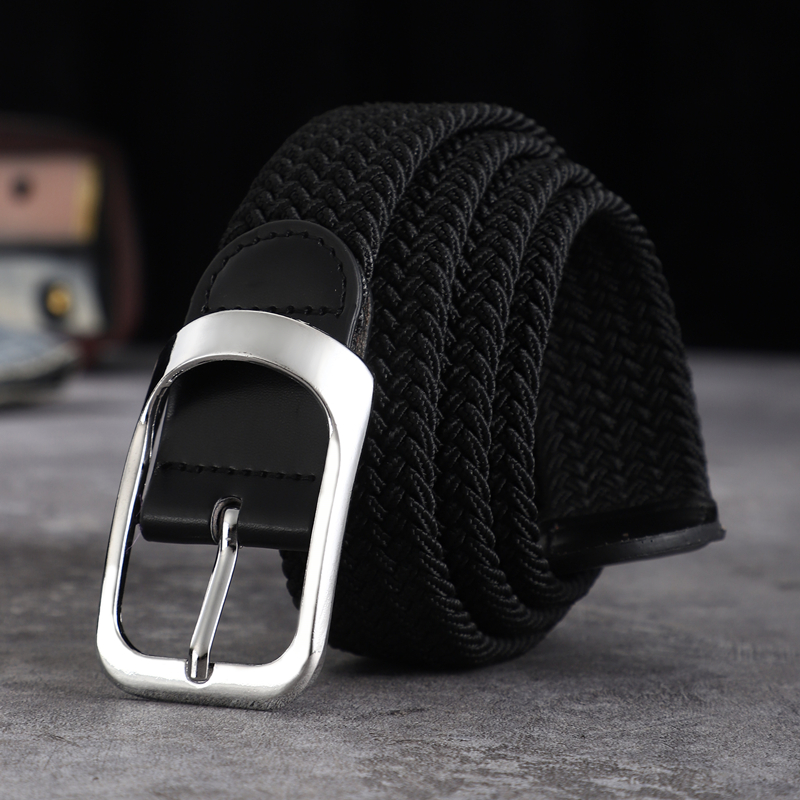 Canvas belt men and women without perforated square buckle belt Korean version of the trend of personality knitting single-loop: Black Green / 120cm