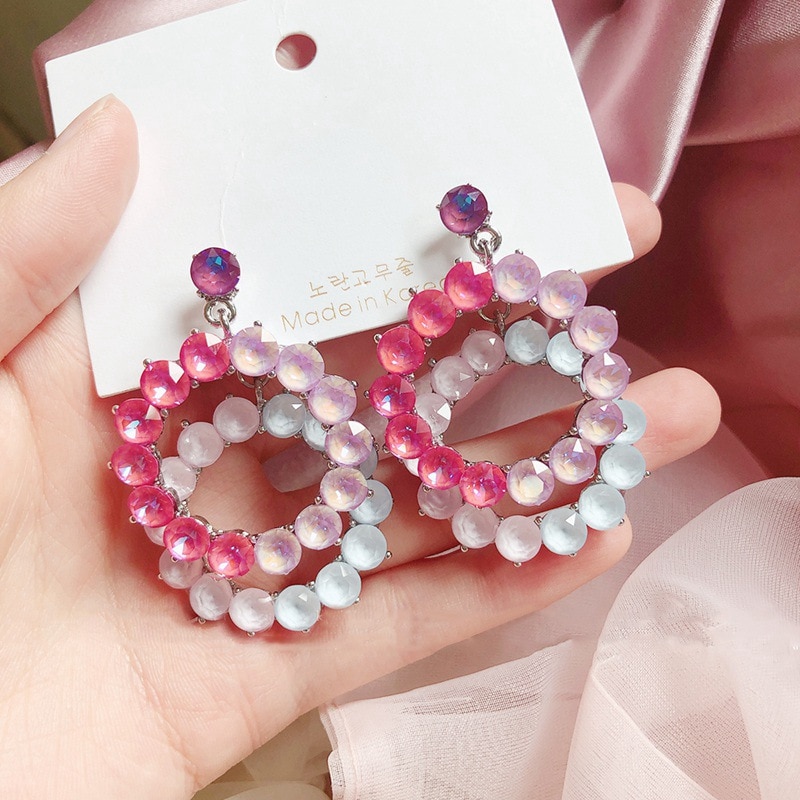 MENGJIQIAO Koreanische Großen Doppel Kreis Bunte Kristall Ohrringe Für Frauen Schmuck Geometrische Partei Pendientes