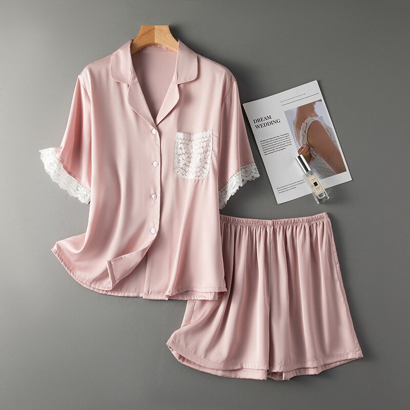 Pyjama d'été en dentelle et soie glacée pour femmes, ensemble à manches courtes,: Pink / L