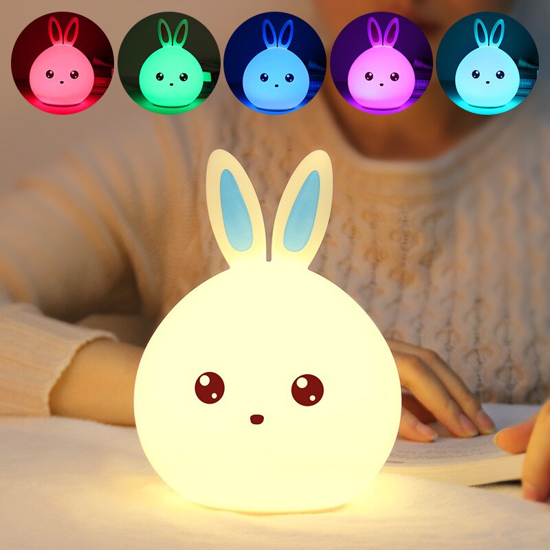 Qshare Kaninchen LED Nacht Licht Remote Touch Sensor Bunte USB Silikon Bunny Nacht Lampe Für Kinder Kinder Baby Weihnachten Spielzeug