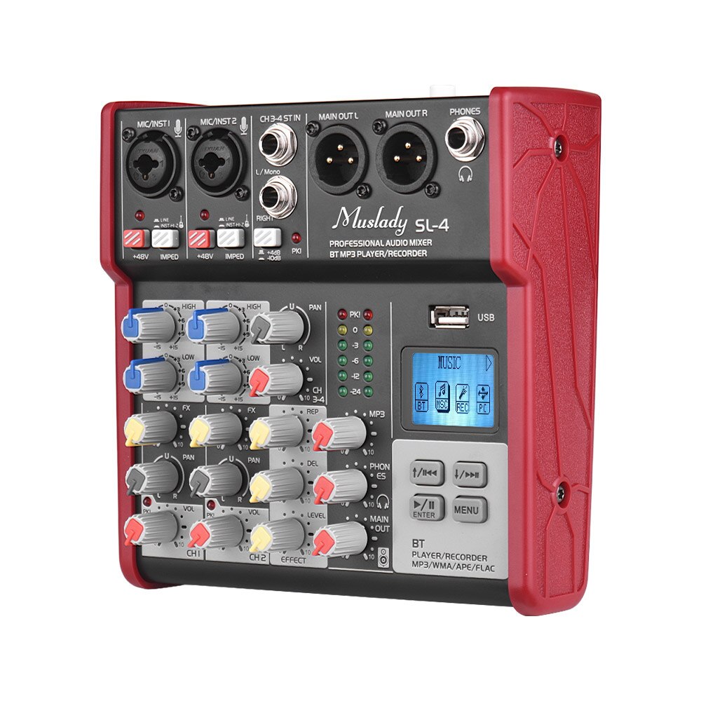 Muslady SL-4 Compact Size 4-Channel Mixing Console Mixer 2-band EQ Built-in 48V Phantom Power Supports BT Connection USB