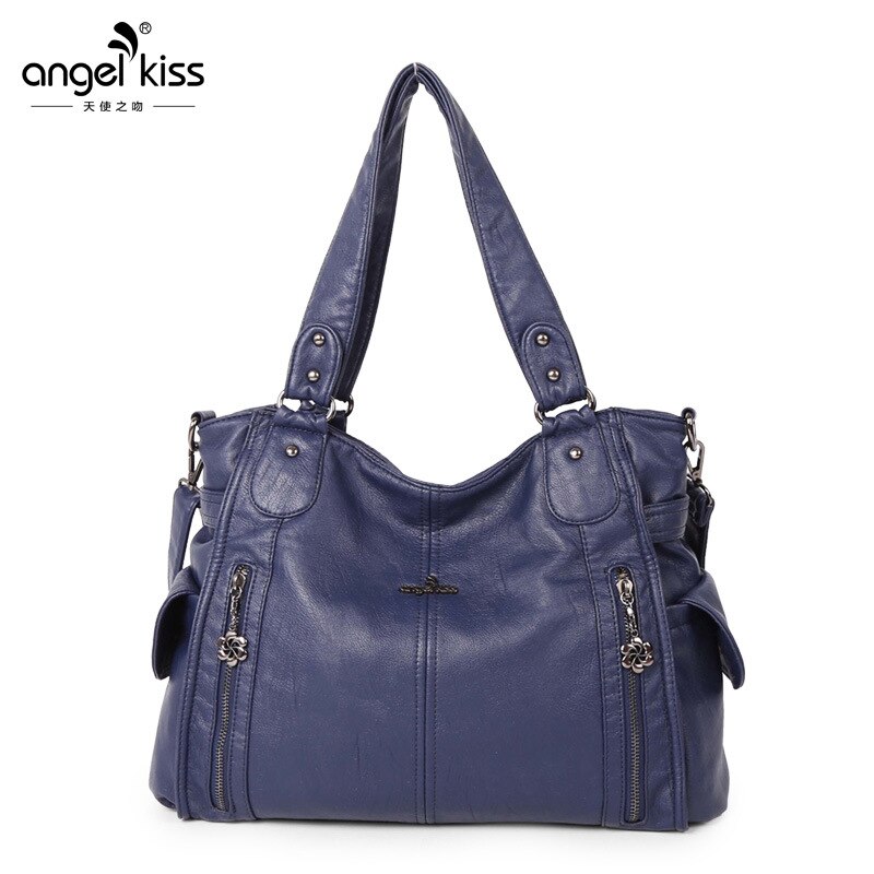 Bolso de hombro de lujo suave de múltiples bolsillos para mujer , bolsos de compras de piel sintética de , bolsos de invierno de para mujer: Azul