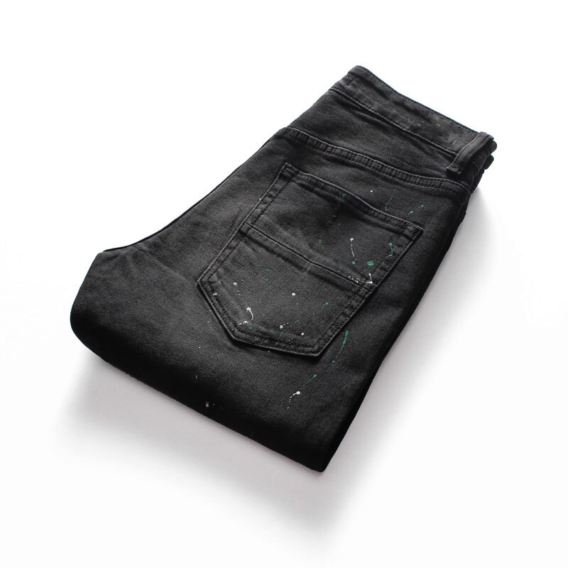 Streetwear Mannen Jeans Zwarte Kleur Verf Ripped Jeans Mannen Punk Broek Elastische Slim Fit Hip Hop Jeans homme