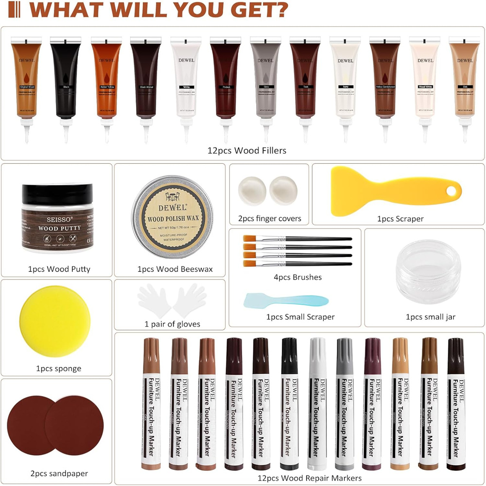 34Pcs Wood Furniture Repair Kit Cracks Hole Stains Renovate for Hardwood Floor Table Laminate Cabine Wood Repair Tool Set