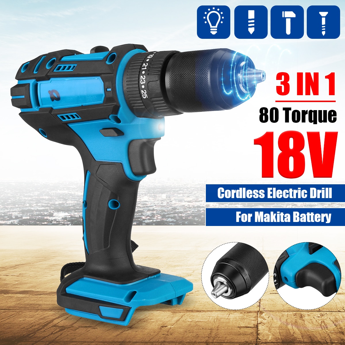 18V 21V 95Nm 3 in 1 Electric Drill Hammer Screwdriver with LED Light 10mm Cordless Impact Drill for Makita Battery